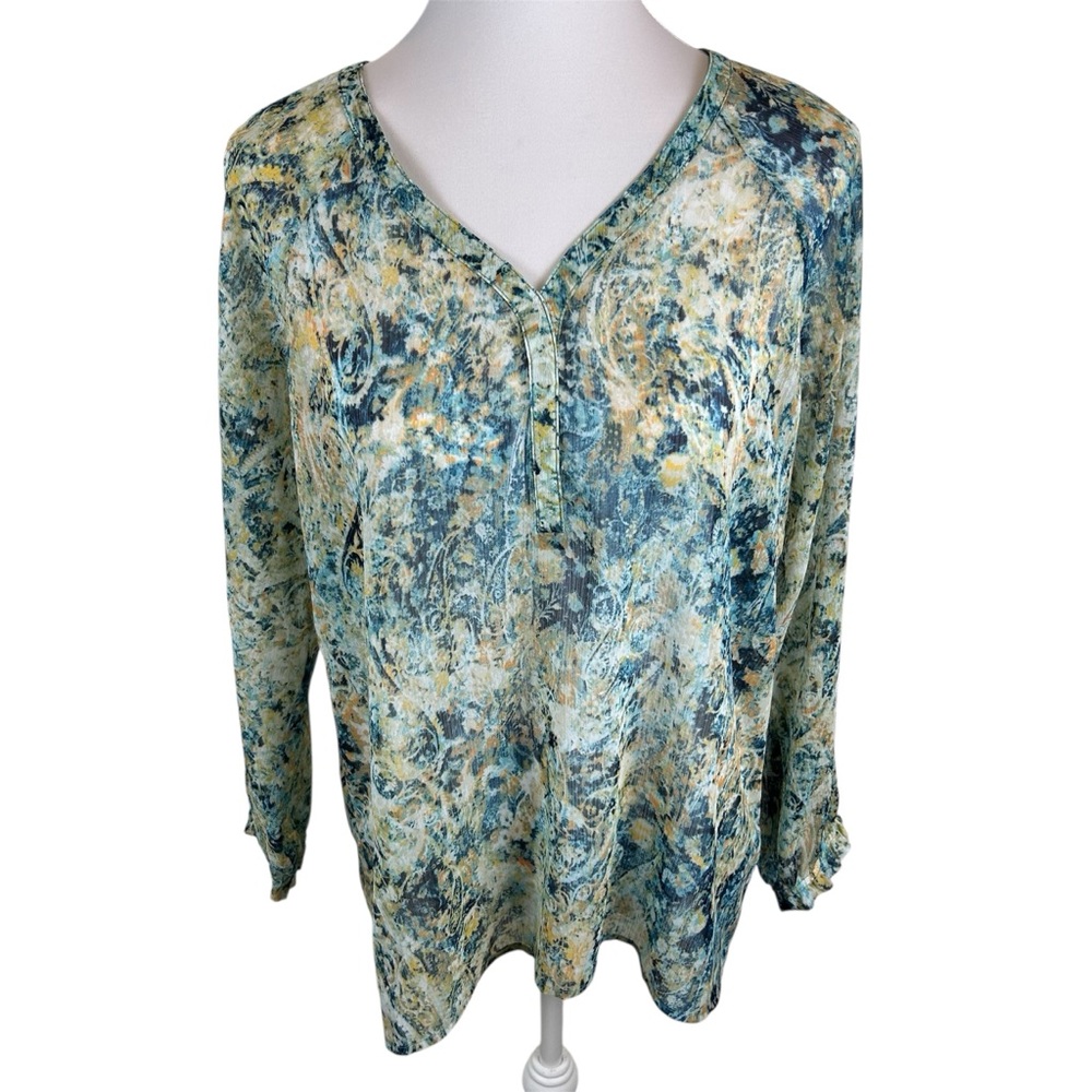 NIC+ZOE Pullover Chiffon Blouse Blue Watercolor Semi-Sheer - Medium